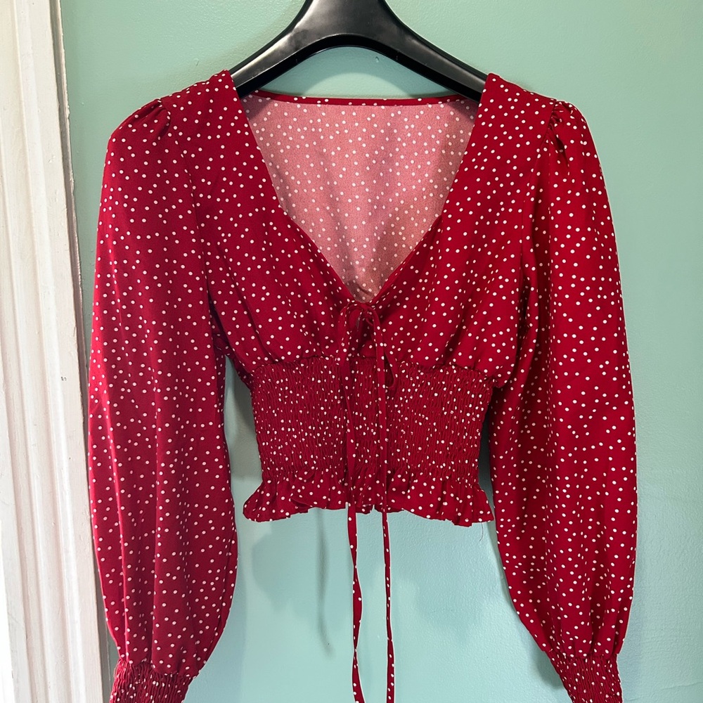 Red Polka Dot Smocked V-Neck Blouse with Bishop Sleeves